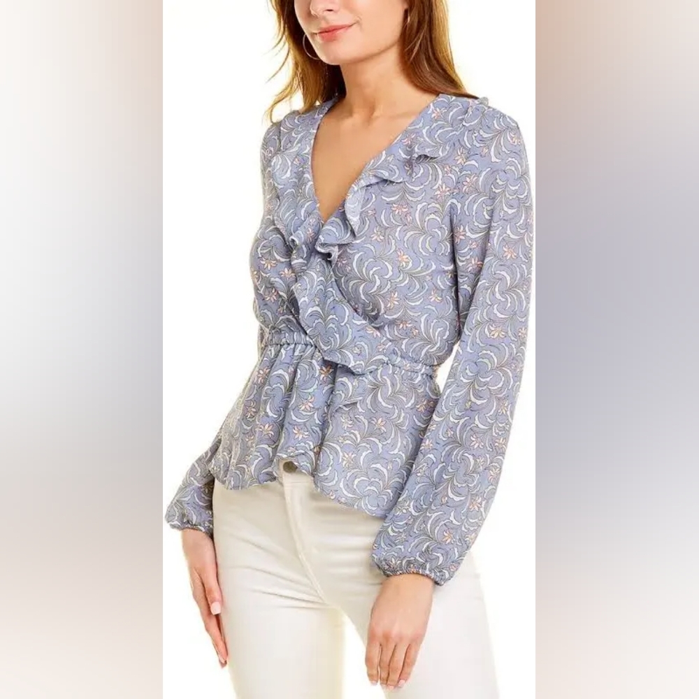 Max Studio Women's Ruffle Trim Long Sleeves  Wrap Blouse - Blue - Medium - EUC